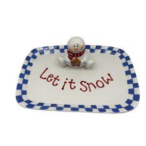 Christmas Snowman Serving Dish Plate Ceramic Pottery Let It Snow Blue White